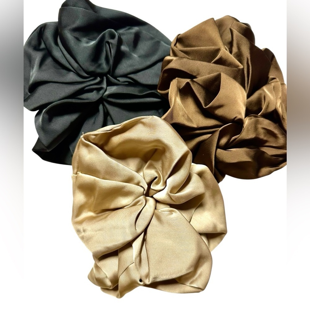Luxurious Satin Hair Scrunchie Trio - Black, Brown, and Cream
